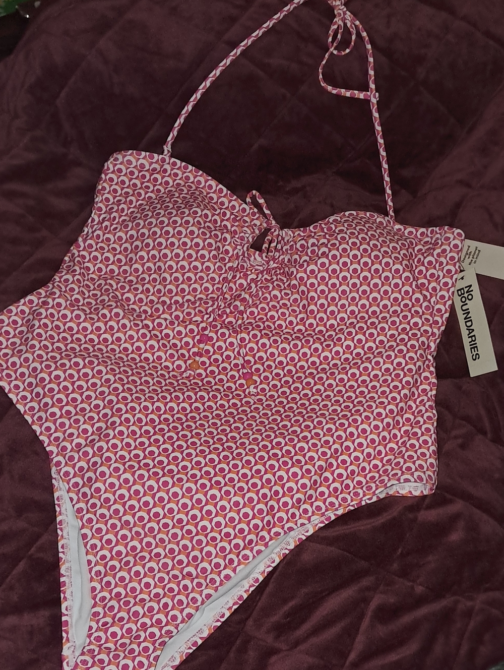 No Boundaries Pink and White Geo Halter One-Piece Swimsuit
